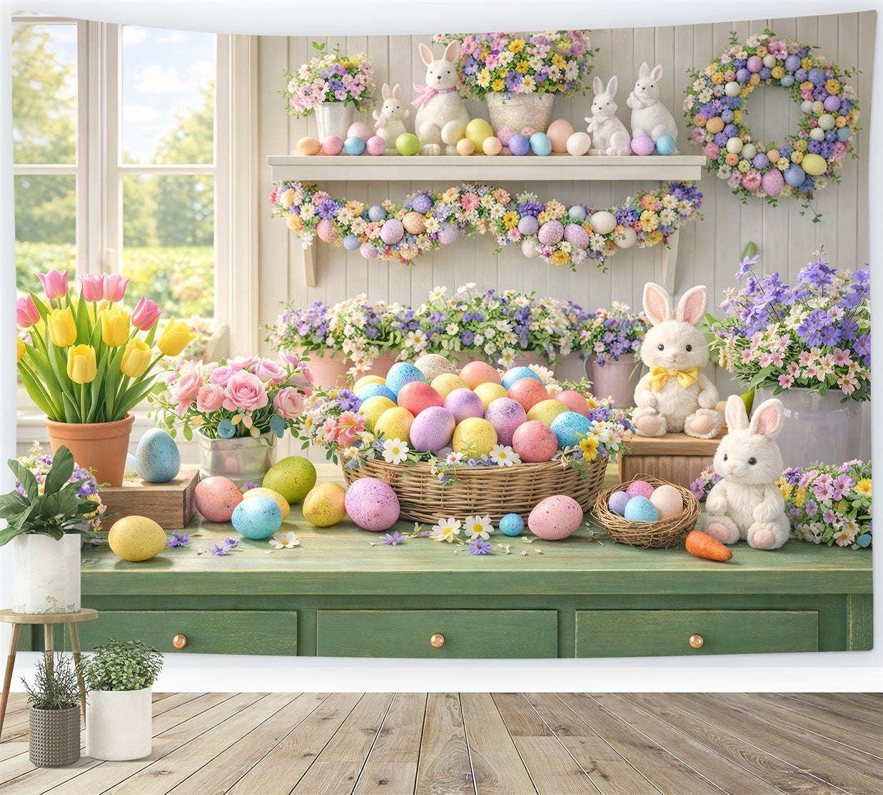 Easter Flower Backdrop Pastel Egg Tulip Window Bunny Backdrop LXX512-114