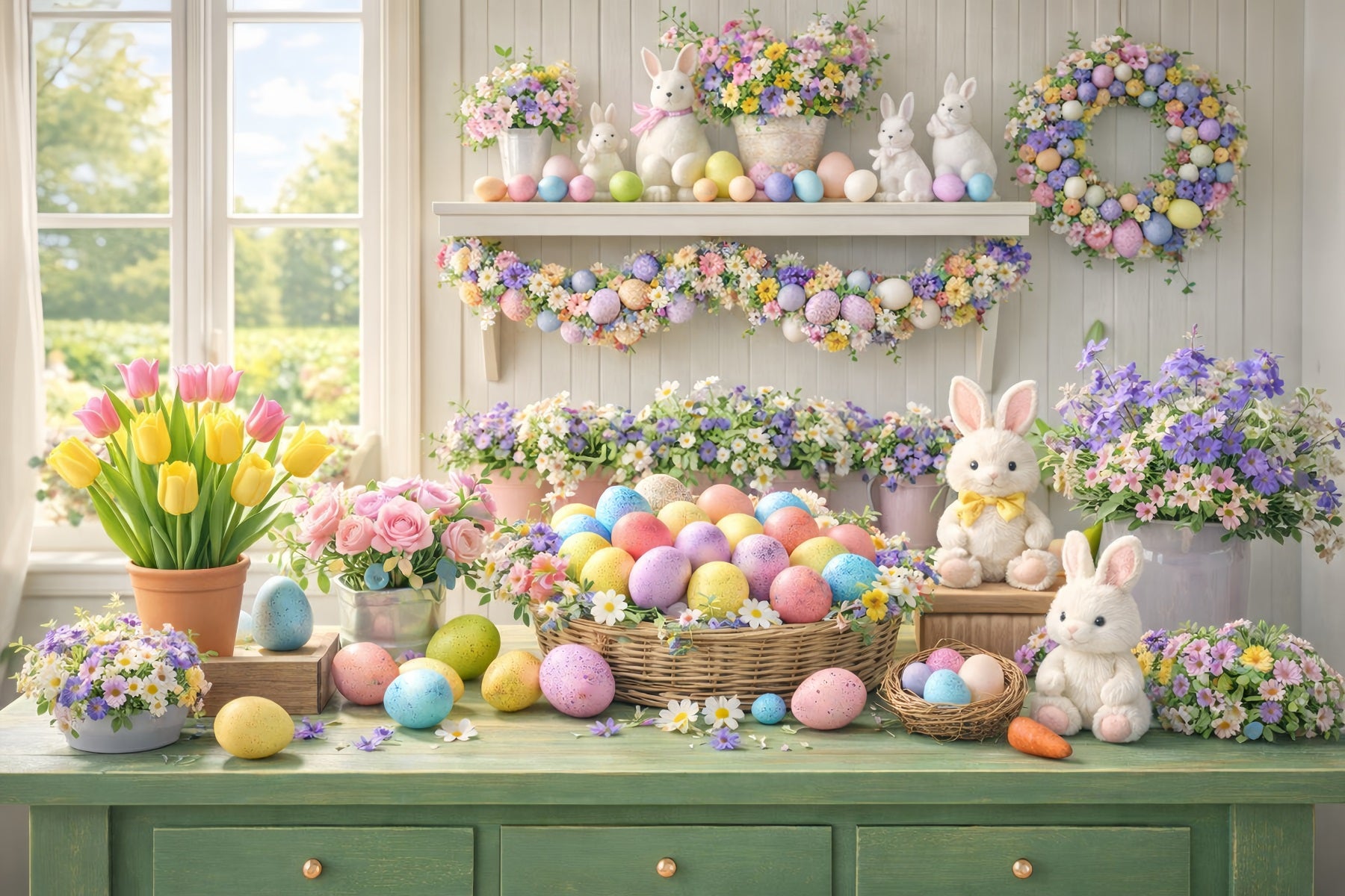 Easter Flower Backdrop Pastel Egg Tulip Window Bunny Backdrop LXX512-114