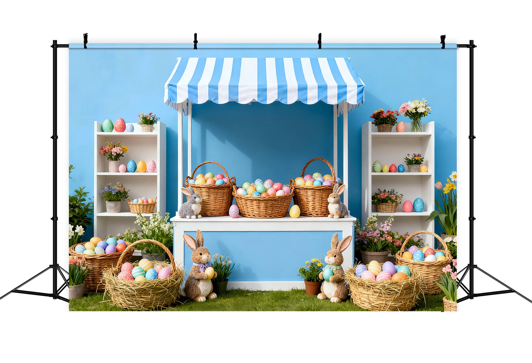 Easter Photo Backdrop Blue Stripe Egg Market Bunny Backdrop LXX512-117