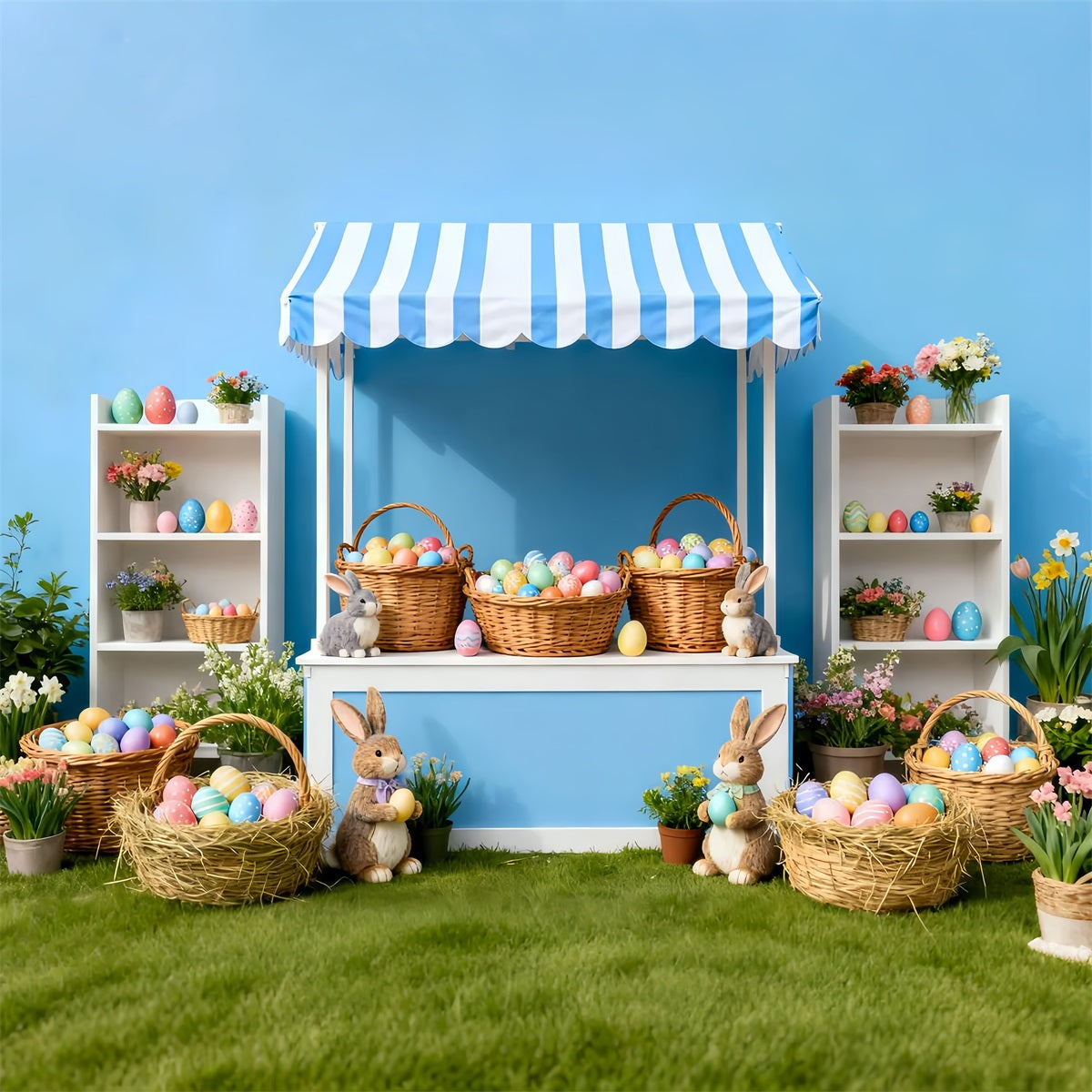 Easter Photo Backdrop Blue Stripe Egg Market Bunny Backdrop LXX512-117