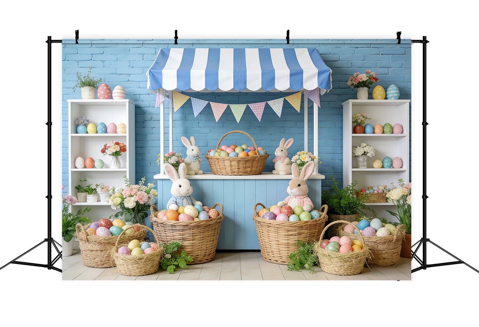 Bunny Backdrop Blue Stripe Market Stall Easter Photo Backdrop LXX512-118