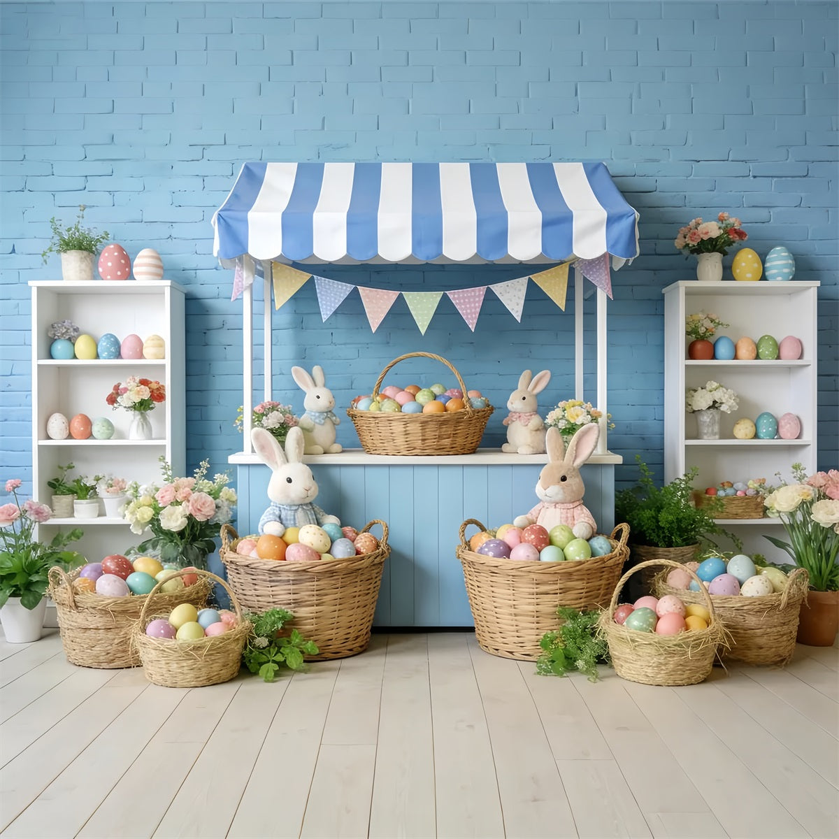 Bunny Backdrop Blue Stripe Market Stall Easter Photo Backdrop LXX512-118