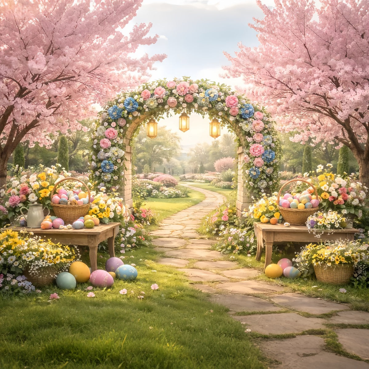 Easter Flower Backdrop Blooming Garden Floral Egg Arch Easter Backdrop Ideas LXX512-119