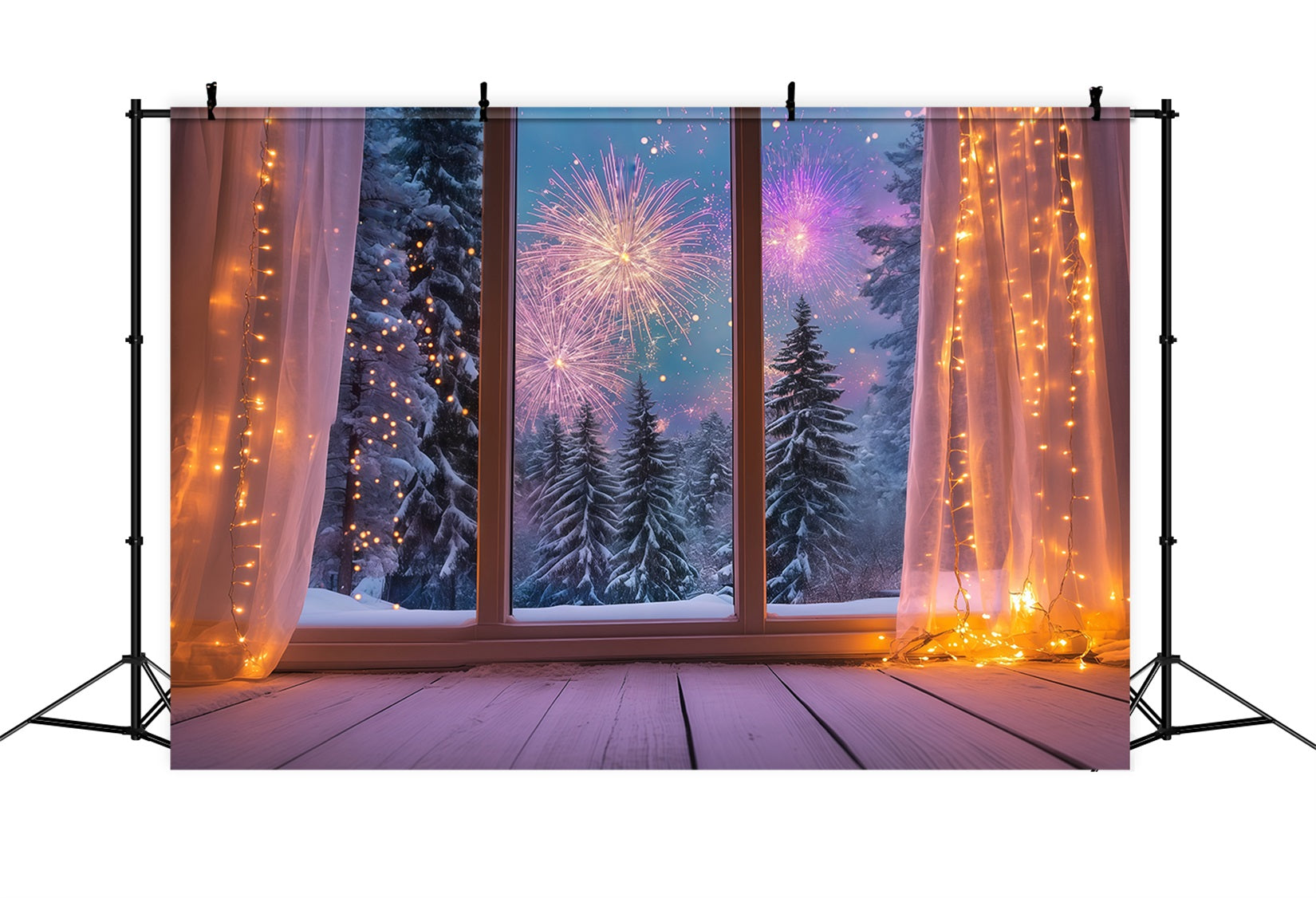 New Year Backdrop Cozy Winter Window Fireworks New Year's Eve Backdrop LXX512-12