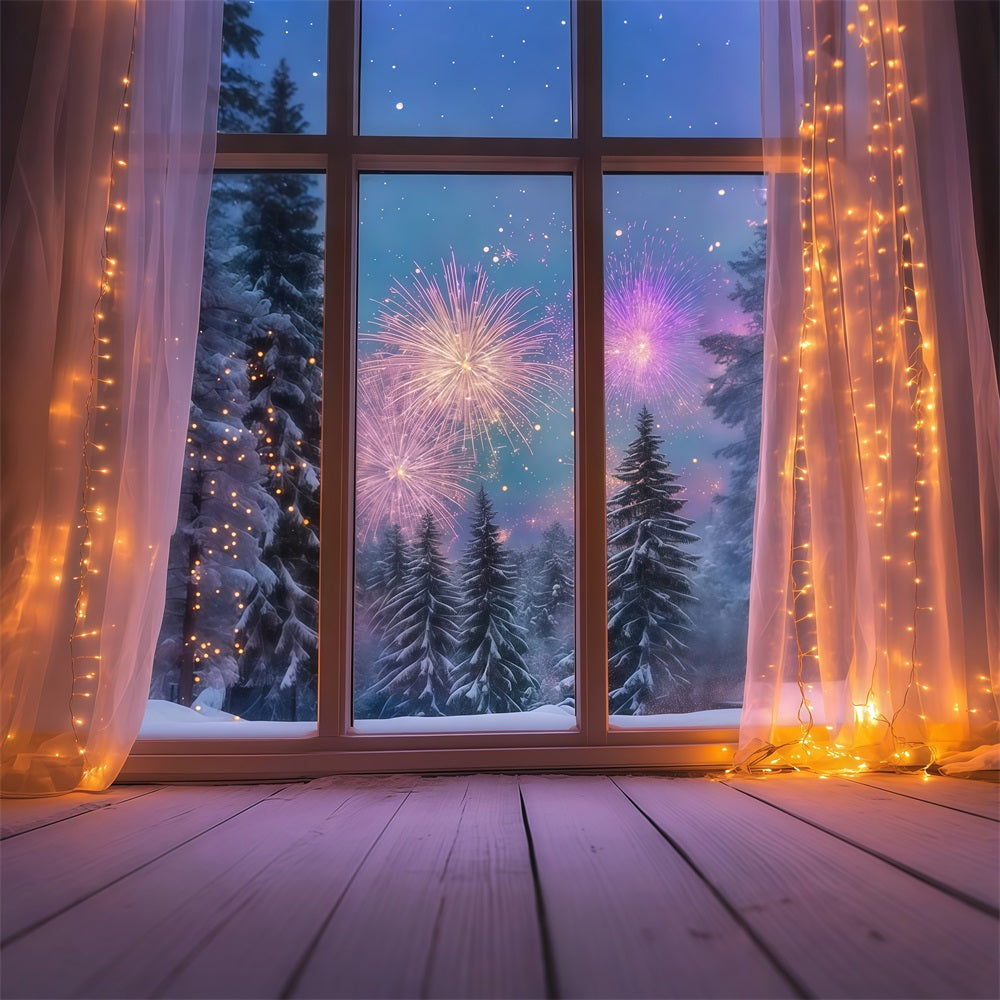 New Year Backdrop Cozy Winter Window Fireworks New Year's Eve Backdrop LXX512-12