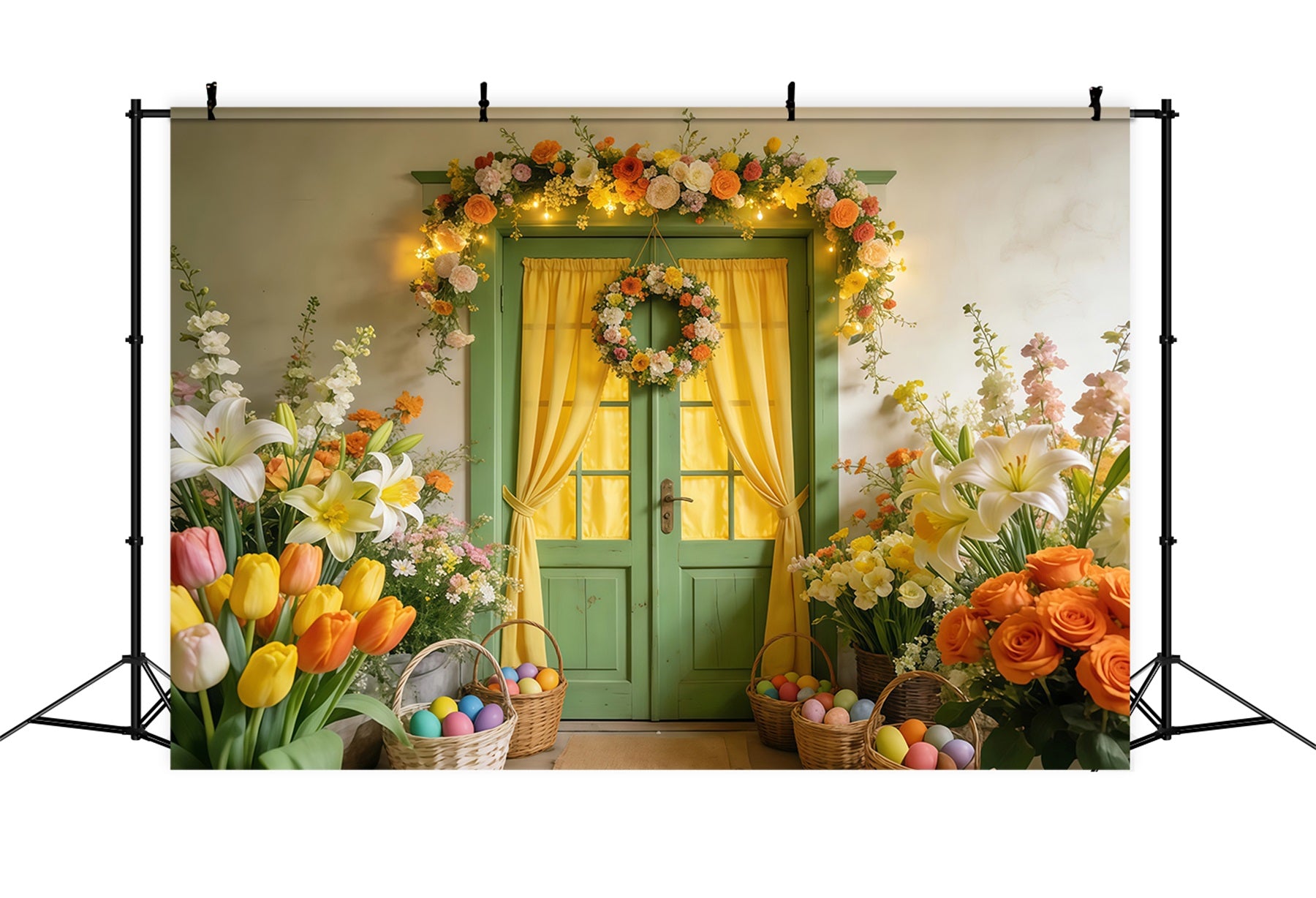 Tulip Backdrop Green Door Floral Wreath Glow Easter Egg Backdrop LXX512-124