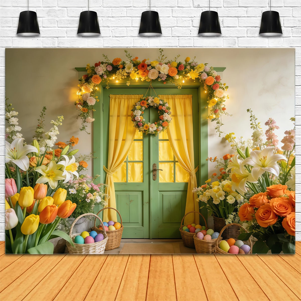 Tulip Backdrop Green Door Floral Wreath Glow Easter Egg Backdrop LXX512-124