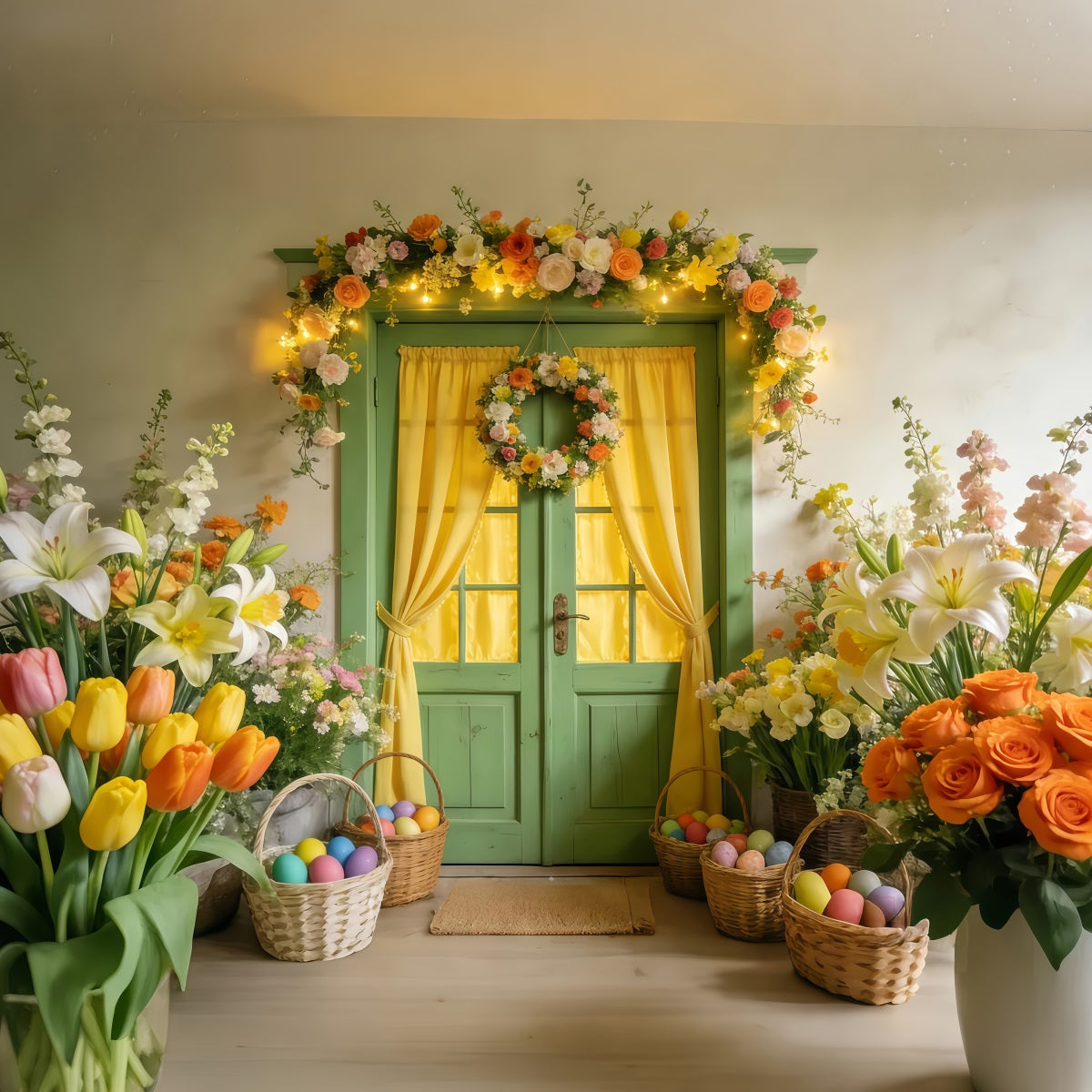 Tulip Backdrop Green Door Floral Wreath Glow Easter Egg Backdrop LXX512-124