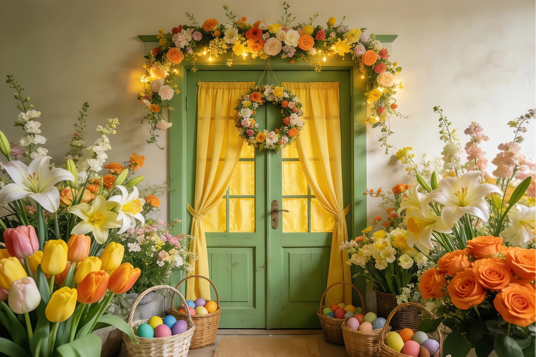 Tulip Backdrop Green Door Floral Wreath Glow Easter Egg Backdrop LXX512-124