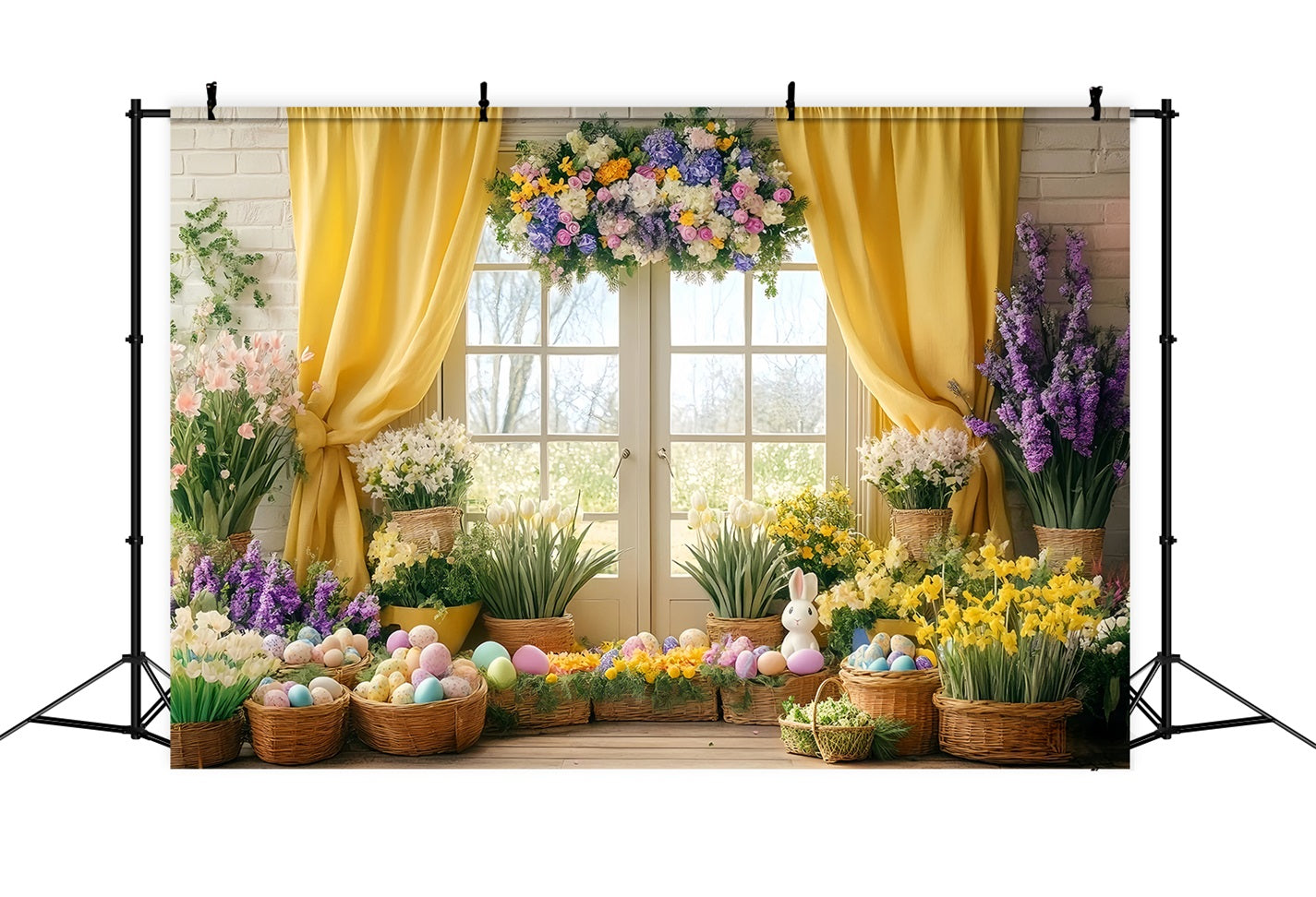 Easter Lily Backdrop Sunlit Yellow Curtain Flower Easter Egg Backdrop LXX512-125