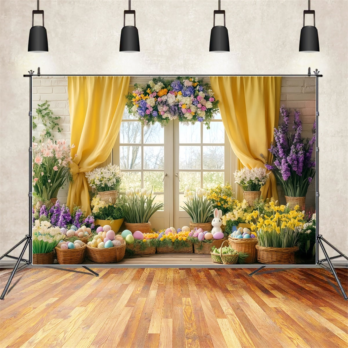 Easter Lily Backdrop Sunlit Yellow Curtain Flower Easter Egg Backdrop LXX512-125