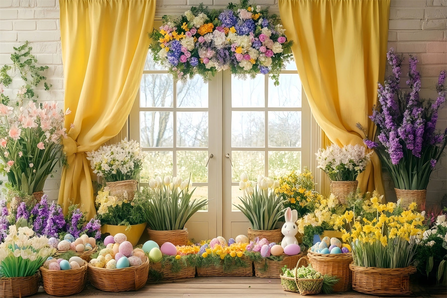 Easter Lily Backdrop Sunlit Yellow Curtain Flower Easter Egg Backdrop LXX512-125