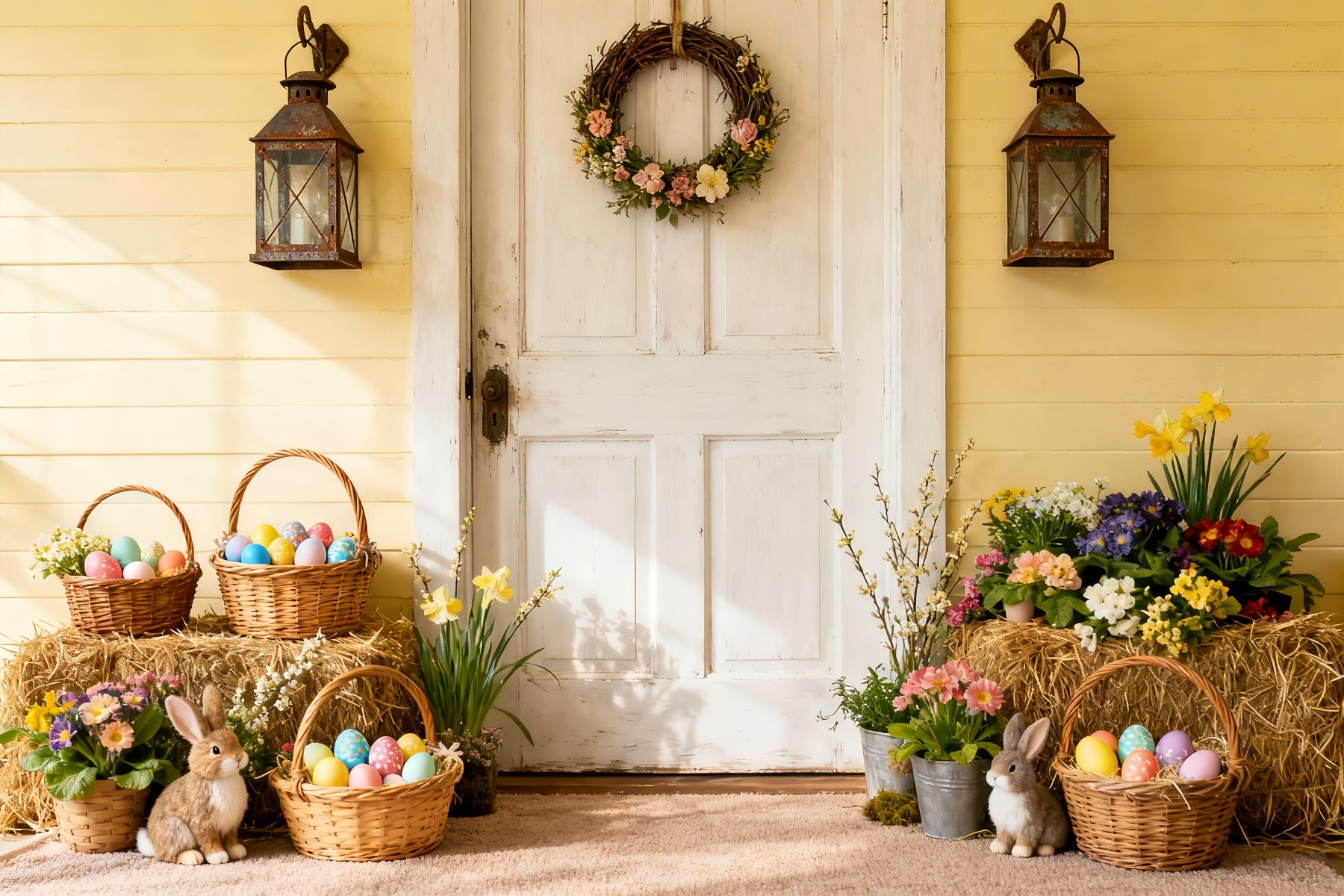 Easter Photo Backdrop Rustic Spring Porch Egg Bunny Backdrop LXX512-126