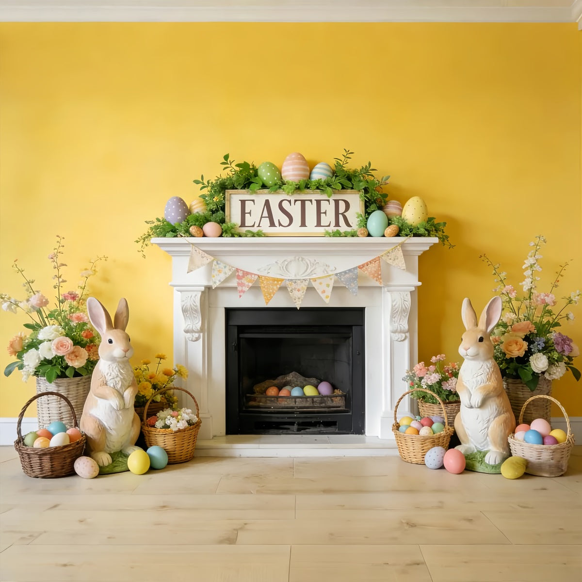 Easter Bunny Backdrop Fireplace Flower Bunting Flags Easter Egg Backdrop LXX512-127