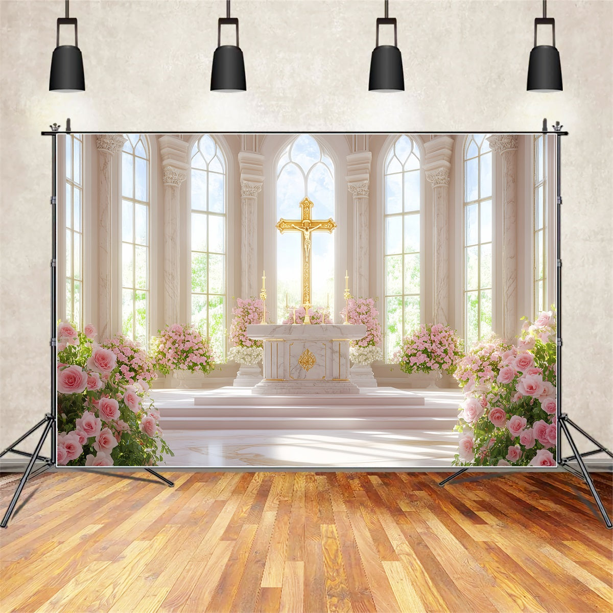 Church Easter Backdrop Golden Cross Floral Cathedral Religious Easter Backdrops LXX512-128