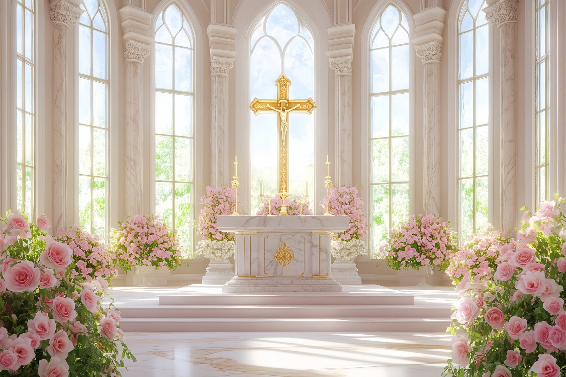 Church Easter Backdrop Golden Cross Floral Cathedral Religious Easter Backdrops LXX512-128