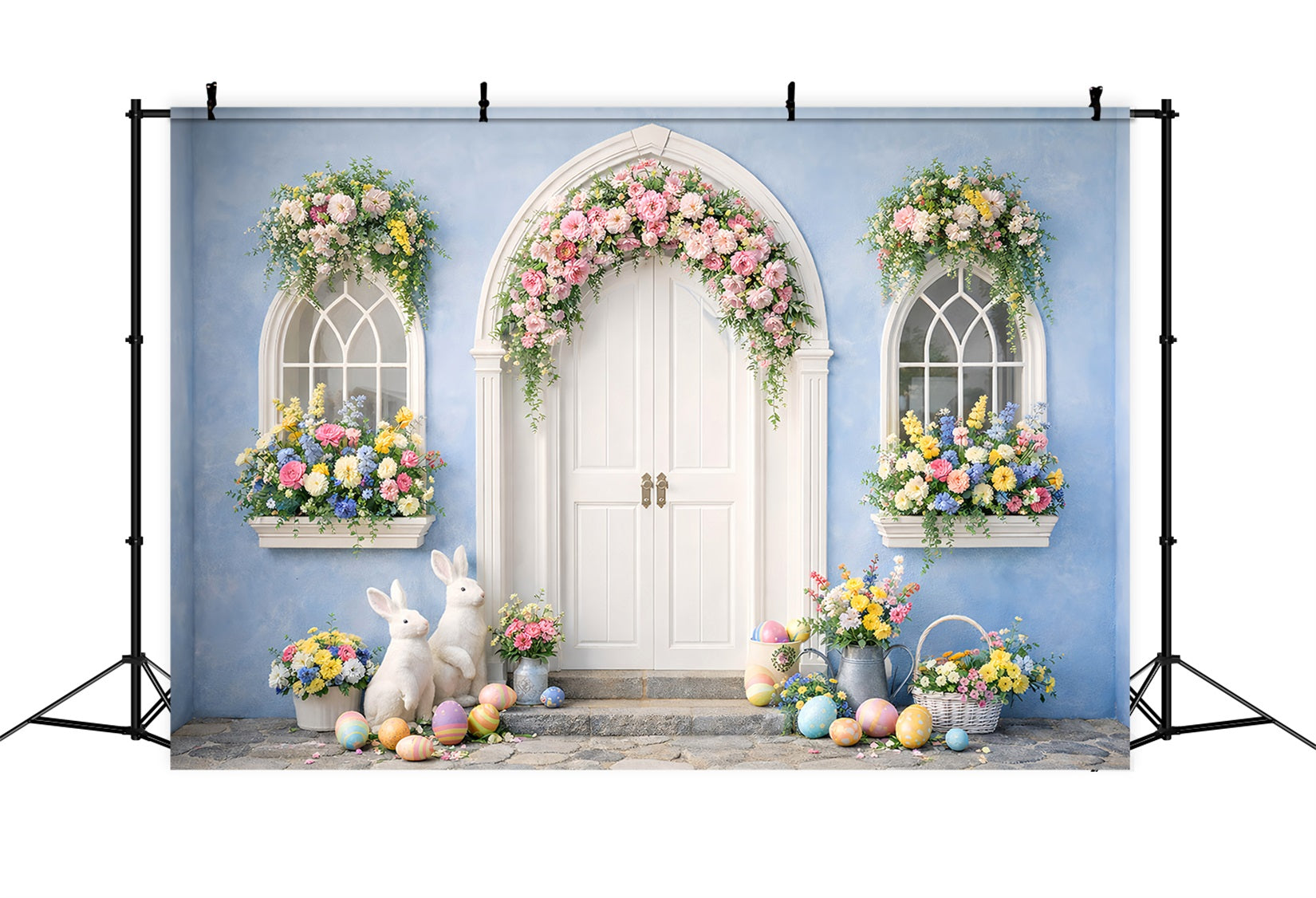Easter Photo Backdrop Blue Arch Floral Bunny Doorway Easter Egg Backdrop LXX512-129