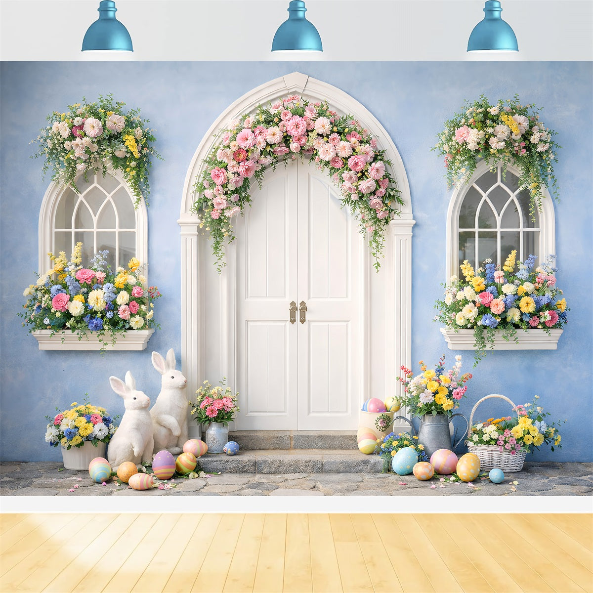 Easter Photo Backdrop Blue Arch Floral Bunny Doorway Easter Egg Backdrop LXX512-129