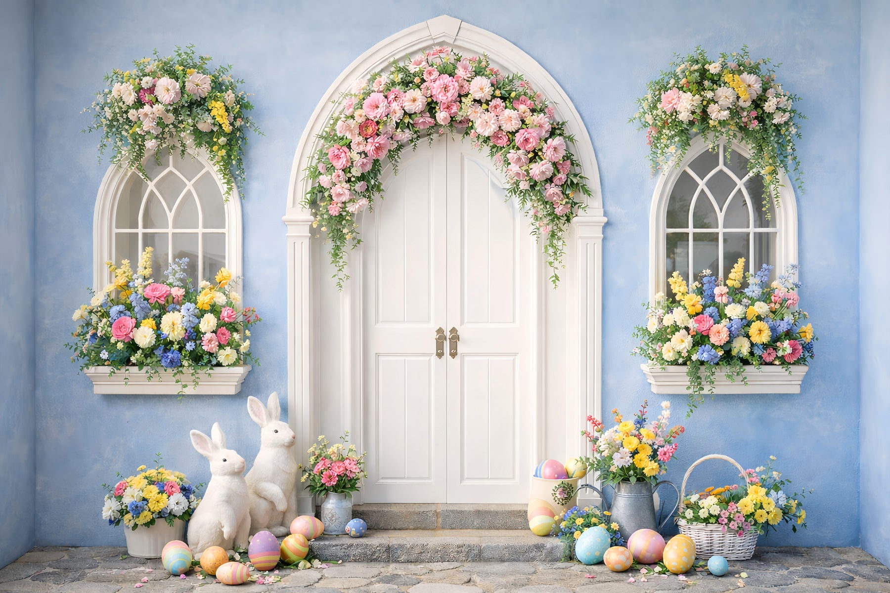 Easter Photo Backdrop Blue Arch Floral Bunny Doorway Easter Egg Backdrop LXX512-129
