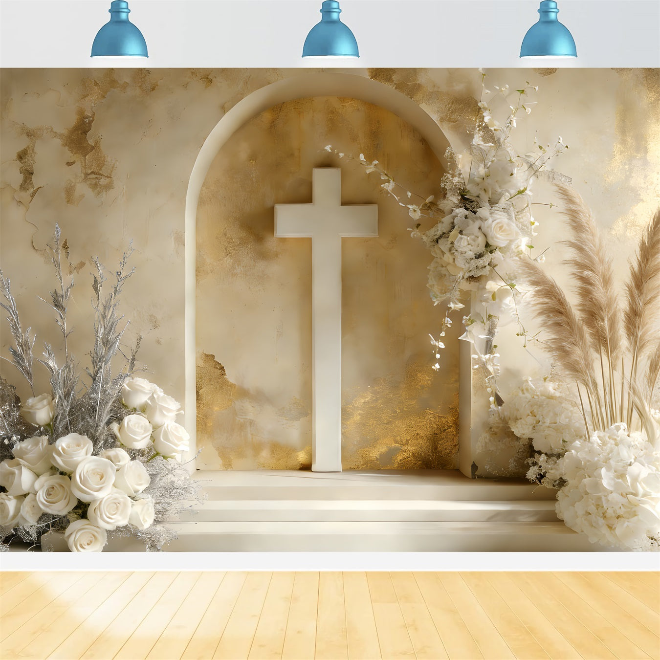 Cross Backdrop Boho Style Floral Altar Rustic Easter Backdrop LXX512-130
