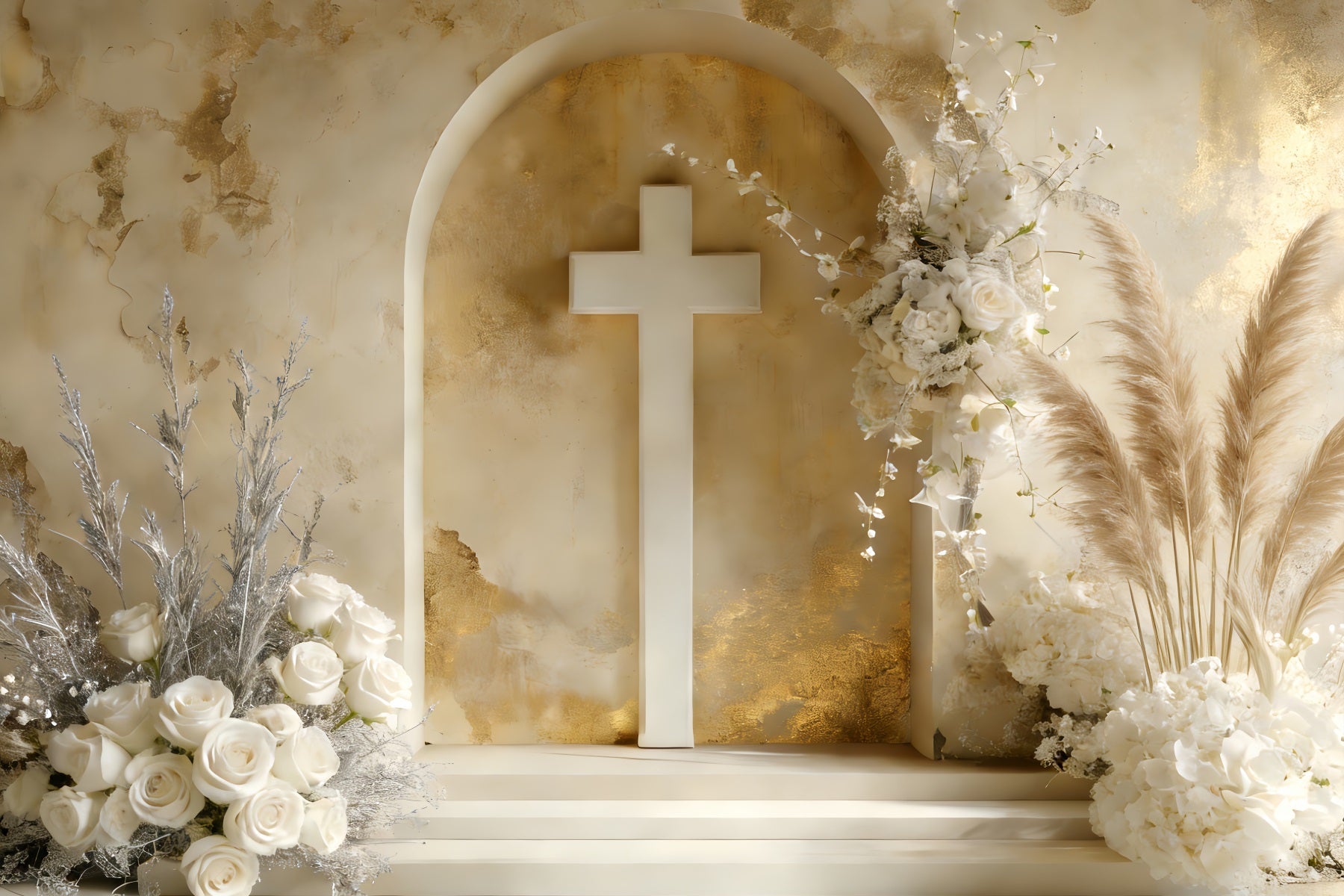 Cross Backdrop Boho Style Floral Altar Rustic Easter Backdrop LXX512-130