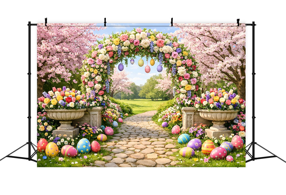 Egg Hunt Backdrop Blossom Arch Garden Path Easter Flower Backdrop LXX512-131