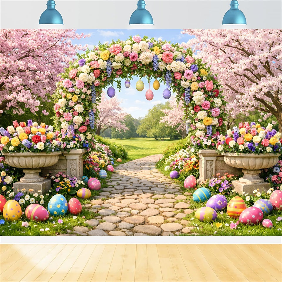 Egg Hunt Backdrop Blossom Arch Garden Path Easter Flower Backdrop LXX512-131