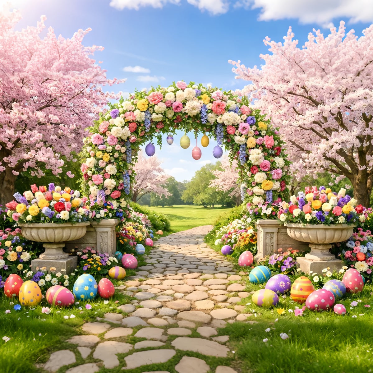 Egg Hunt Backdrop Blossom Arch Garden Path Easter Flower Backdrop LXX512-131