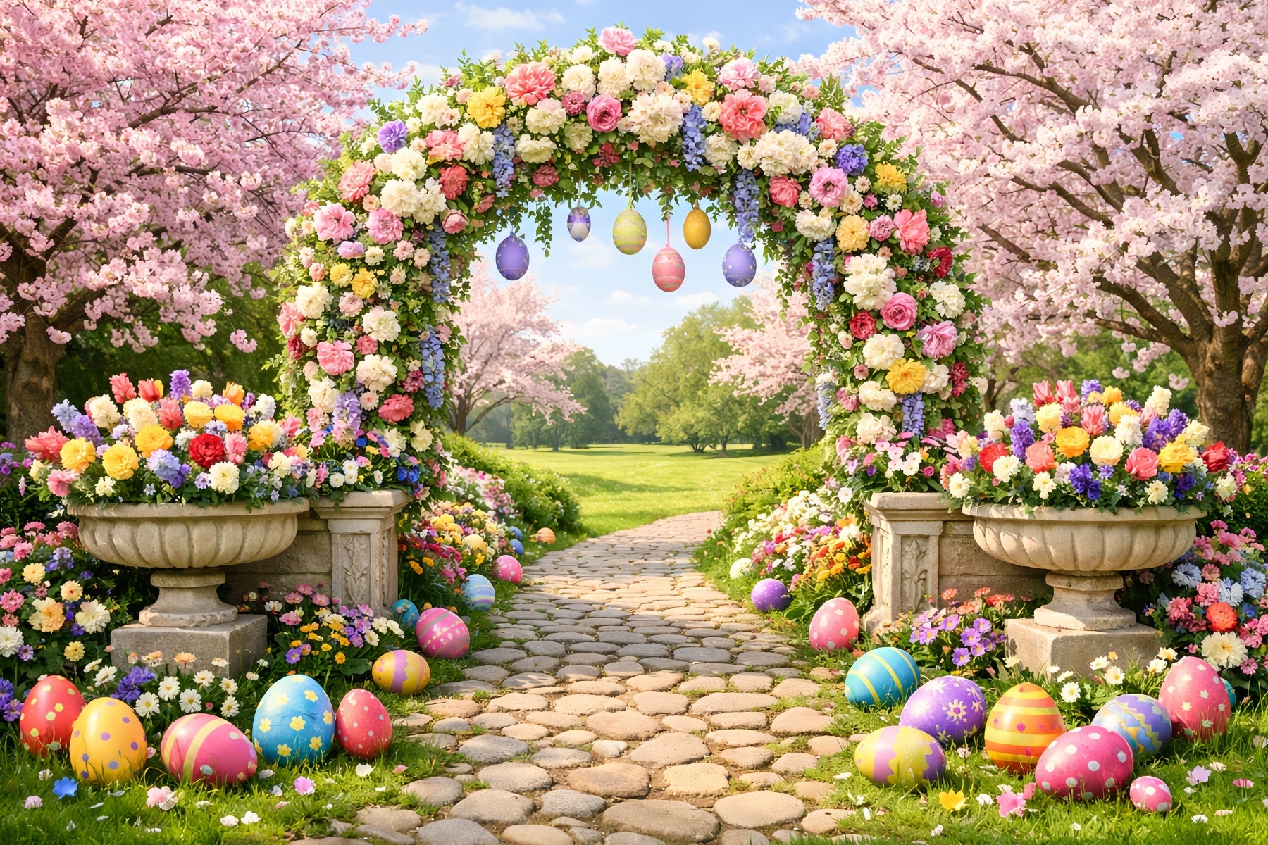 Egg Hunt Backdrop Blossom Arch Garden Path Easter Flower Backdrop LXX512-131