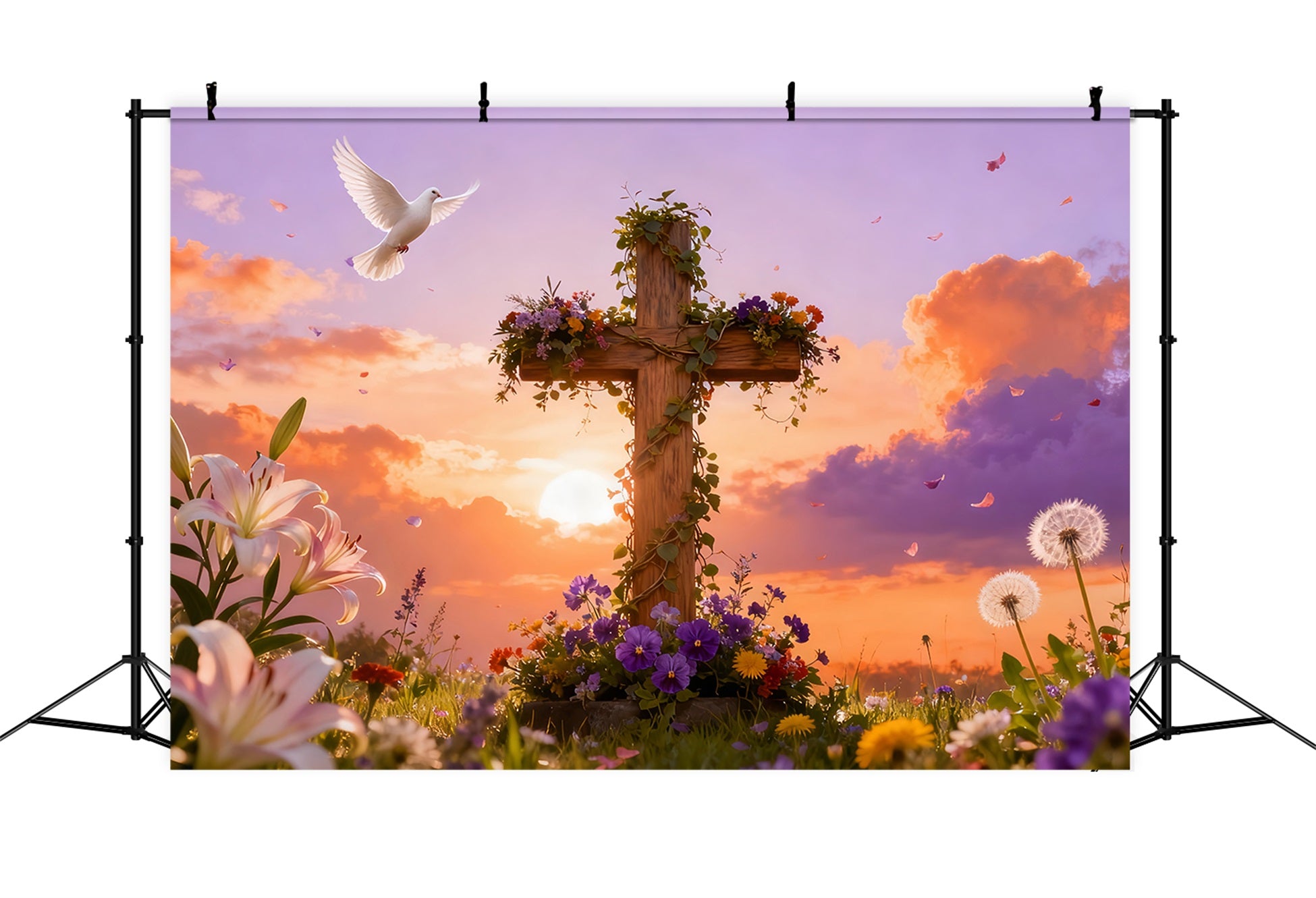 Cross Backdrop Resurrection Songbirds Sunrise Meadow Easter Church Photo Backdrop LXX512-132