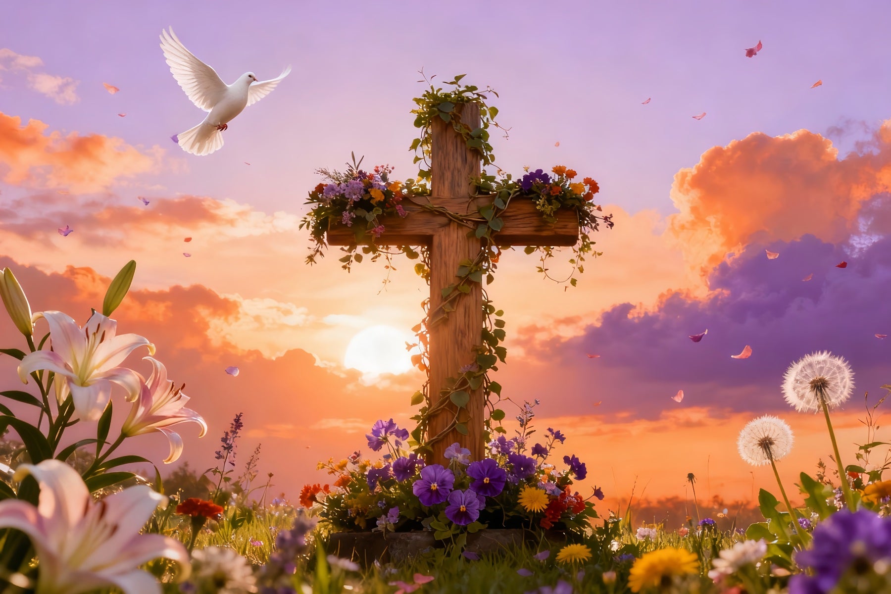 Cross Backdrop Resurrection Songbirds Sunrise Meadow Easter Church Photo Backdrop LXX512-132