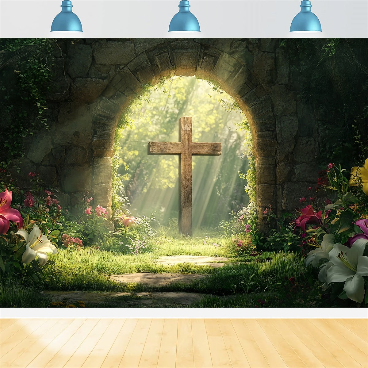Cross Backdrop Forest Sacred Stone Arch Easter Photo Backdrop LXX512-134