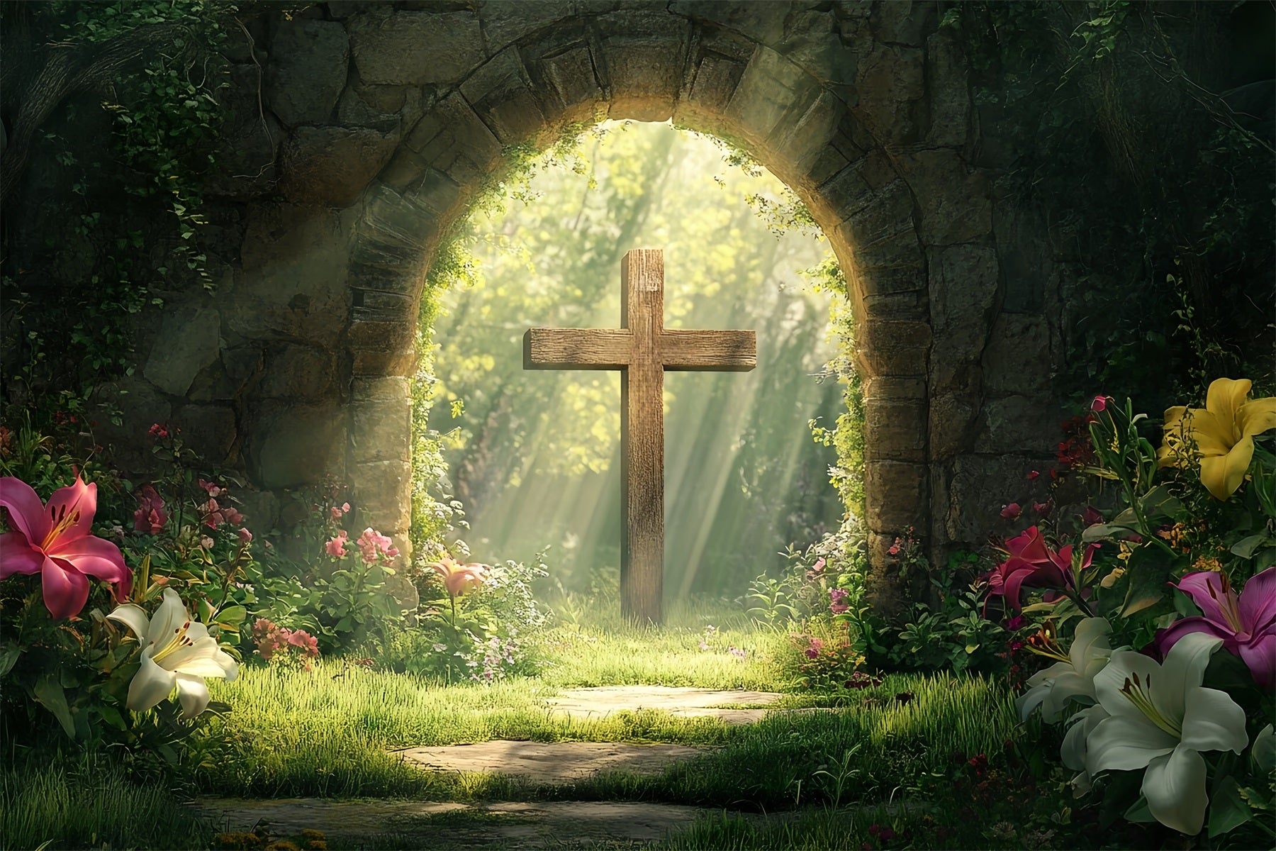 Cross Backdrop Forest Sacred Stone Arch Easter Photo Backdrop LXX512-134