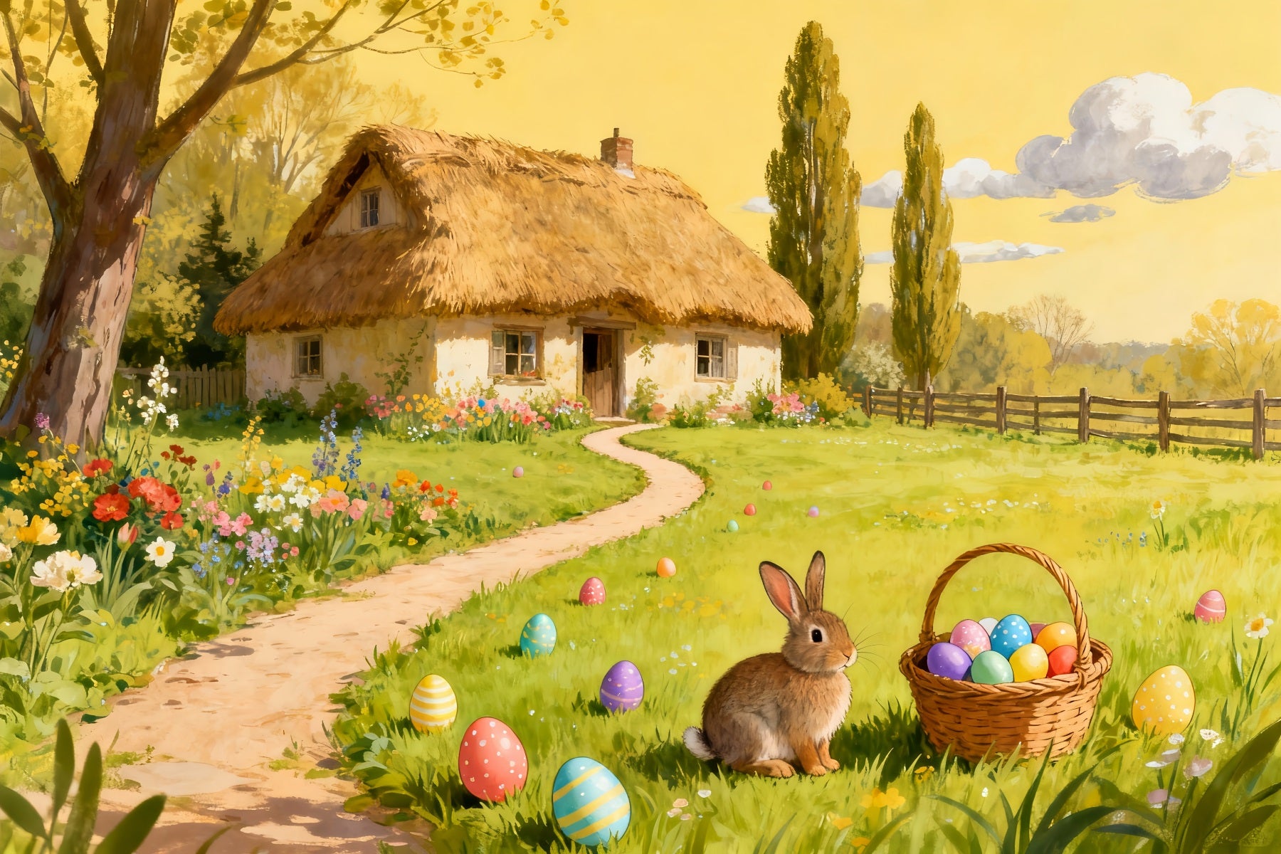 Easter Egg Hunt Backdrop Watercolor Countryside Cottage Garden Bunny Backdrop LXX512-135