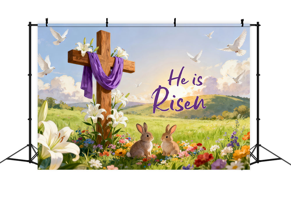 He is Risen Backdrop Resurrection Cross Meadow Bunnies Religious Easte
