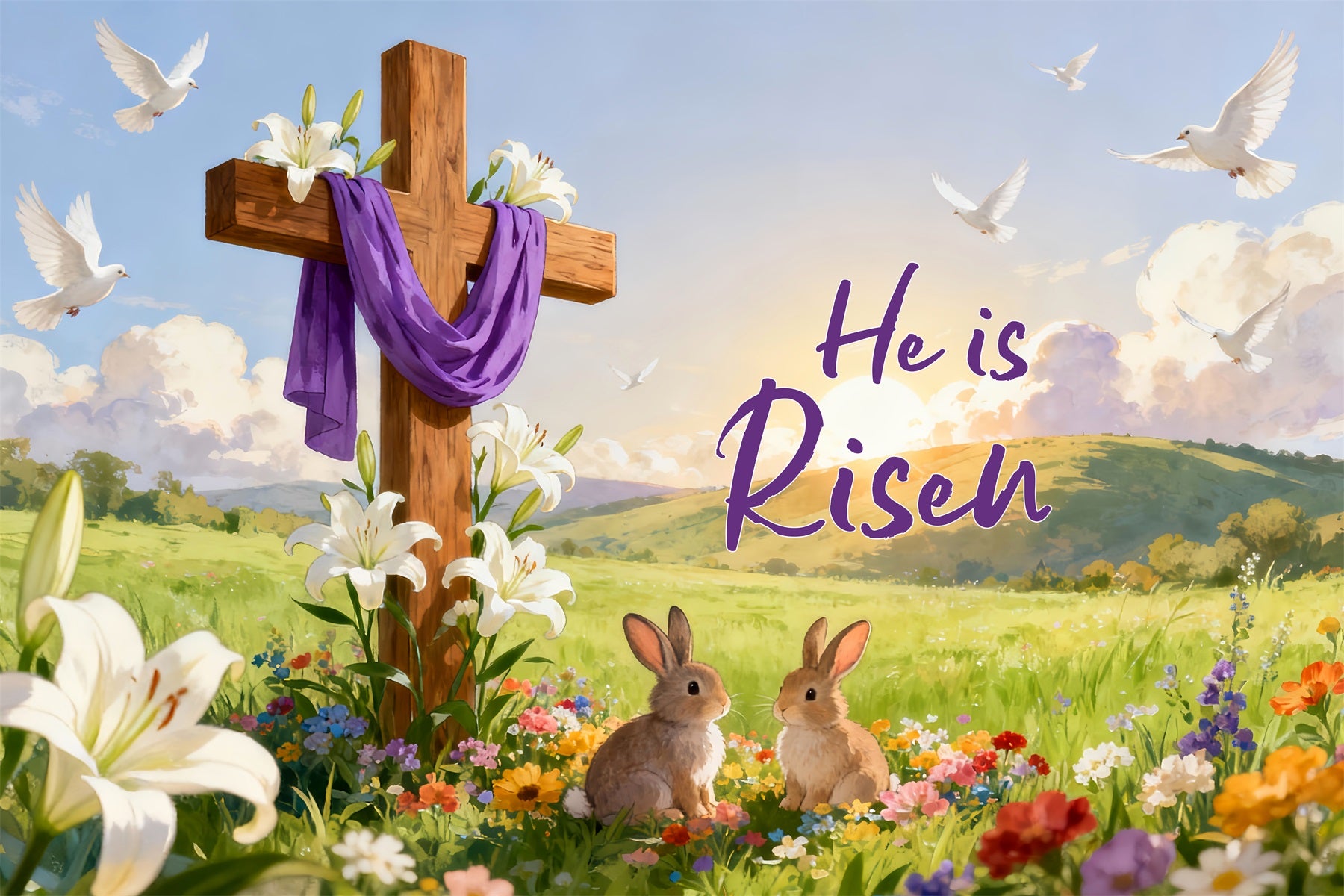 He is Risen Backdrop Resurrection Cross Meadow Bunnies Religious Easter Backdrops LXX512-136