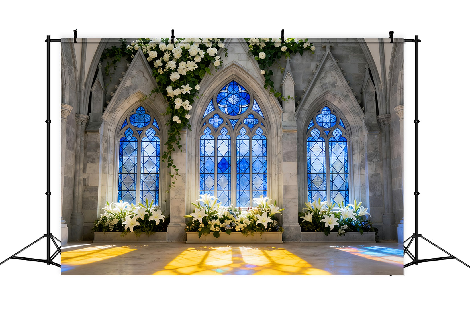 Church Easter Backdrop Gothic Blue Window Lily Light Stained Glass Backdrop LXX512-137