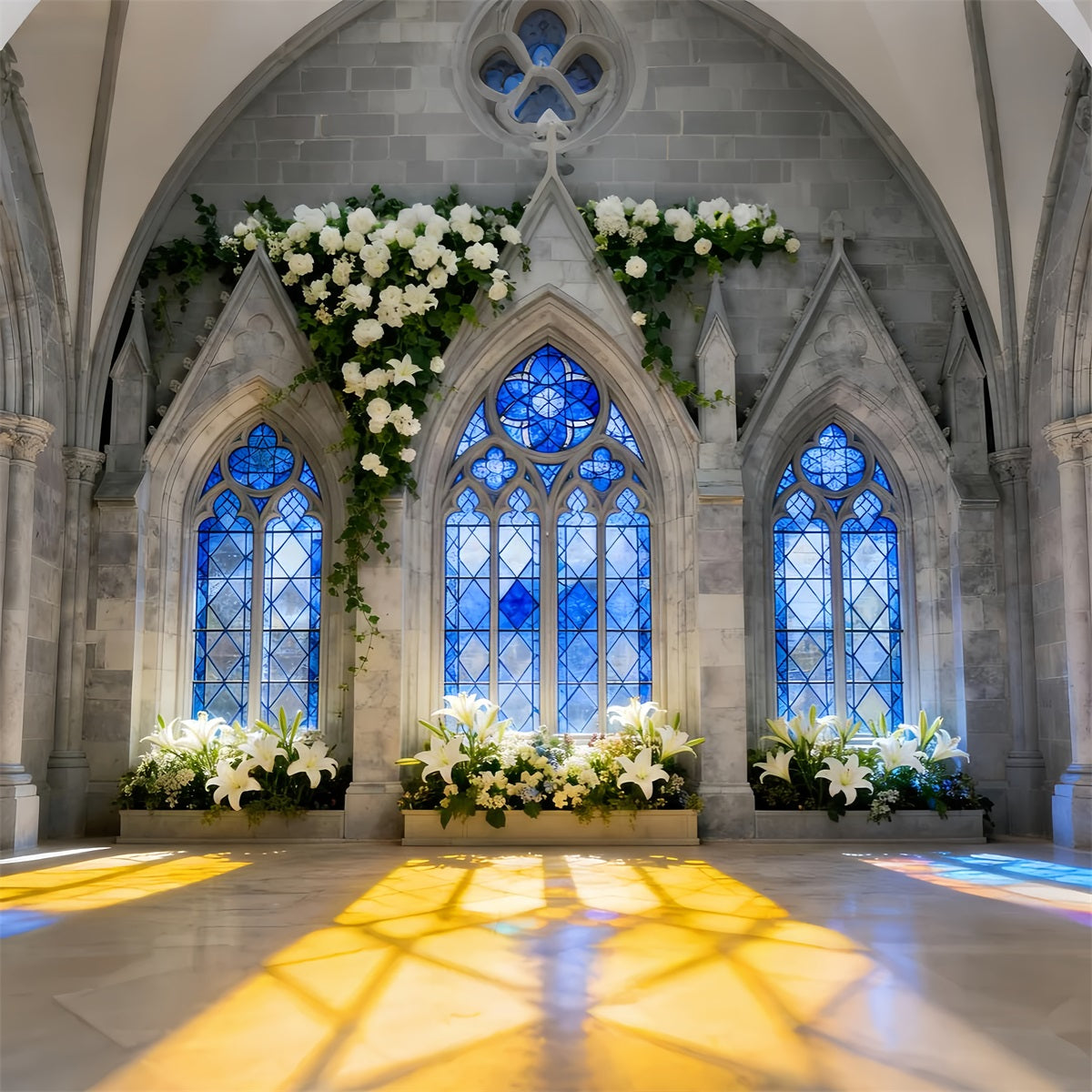 Church Easter Backdrop Gothic Blue Window Lily Light Stained Glass Backdrop LXX512-137