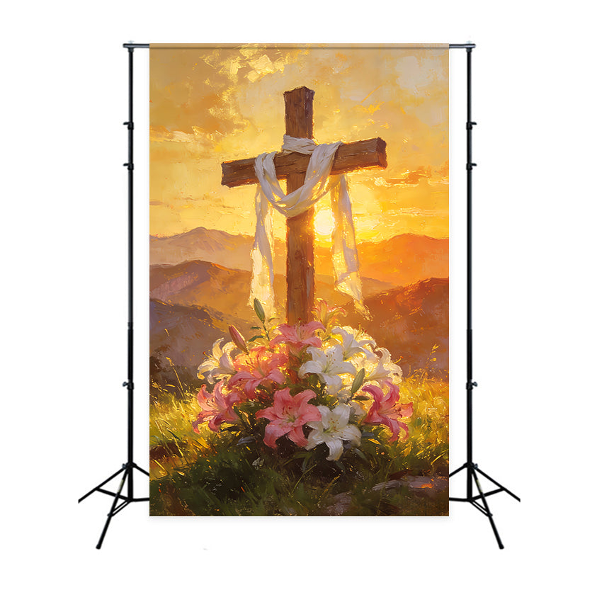 Religious Easter Backdrops Golden Floral Cross Sunrise Church Easter Backdrop LXX512-138