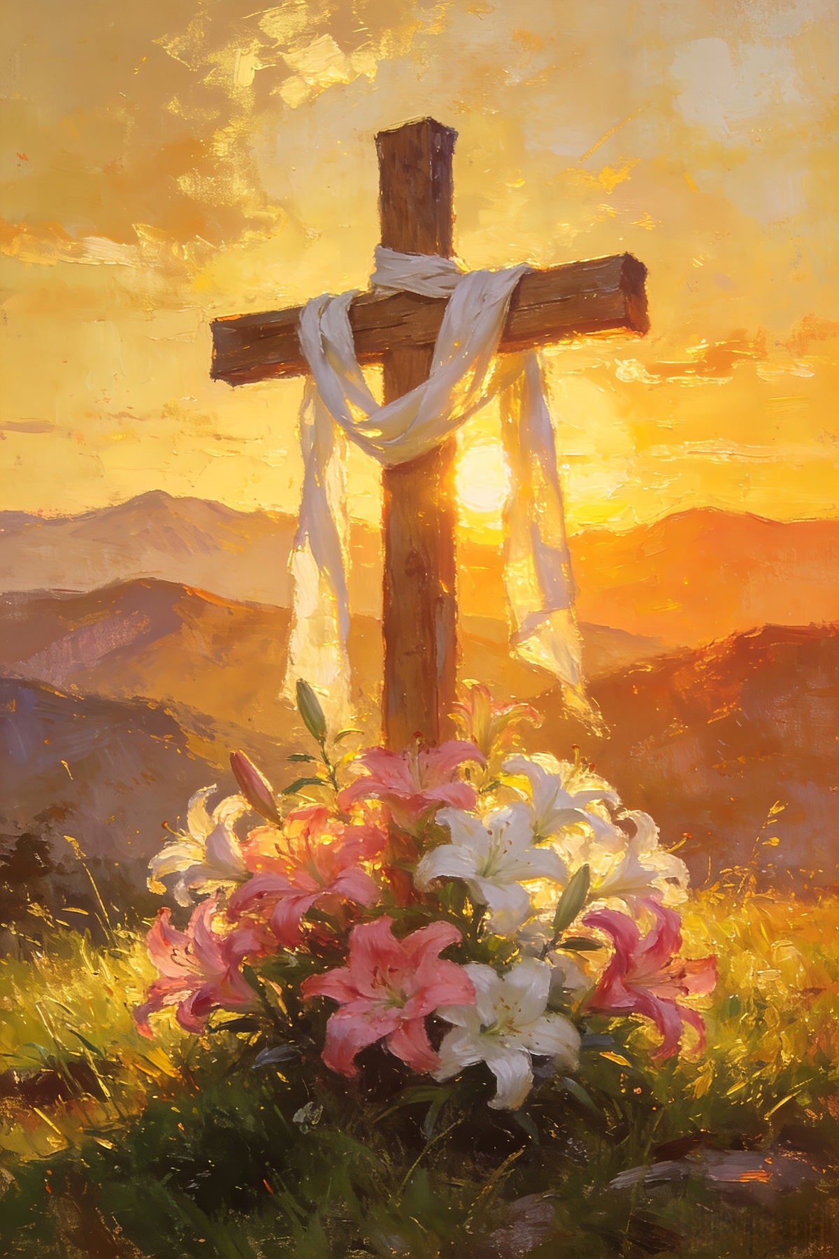 Religious Easter Backdrops Golden Floral Cross Sunrise Church Easter Backdrop LXX512-138