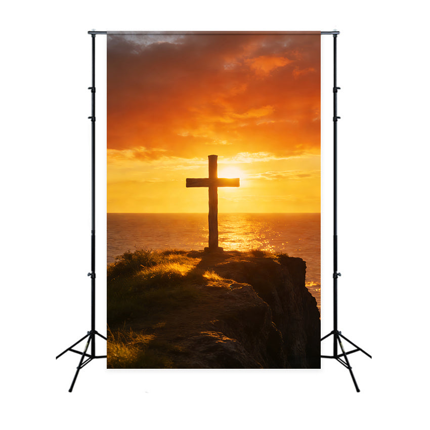 Cross Backdrop Ocean Horizon Sunset Glow Easter Backdrops For Church LXX512-139