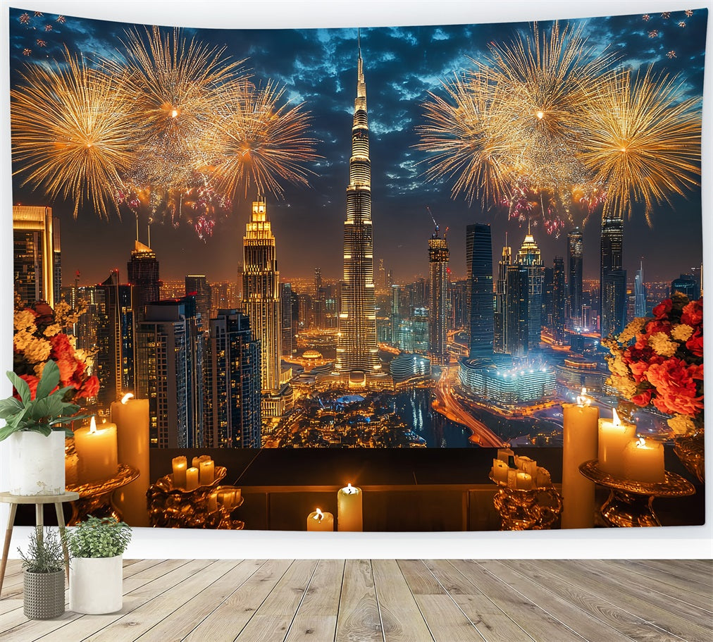 Happy New Year Backdrop Luxury City Skyline Fireworks City Night Backdrop LXX512-14
