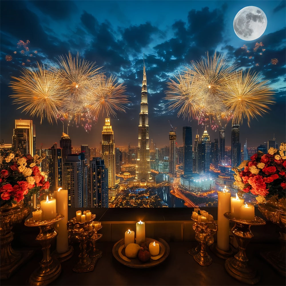 Happy New Year Backdrop Luxury City Skyline Fireworks City Night Backdrop LXX512-14