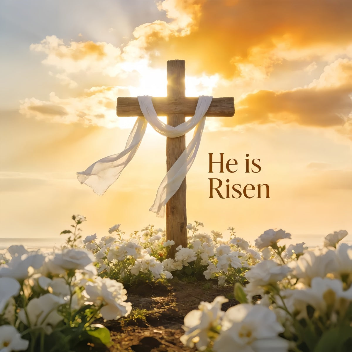He is Risen Backdrop Sunlit Cross Lily Meadow Church Easter Backdrop LXX512-140