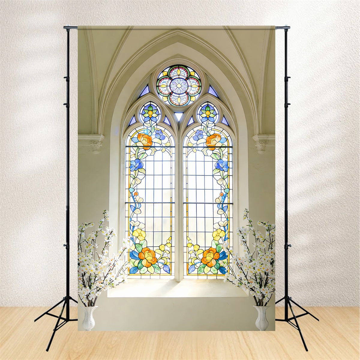 Stained Glass Backdrop Cathedral Daisies Arch Window Church Easter Backdrop LXX512-141