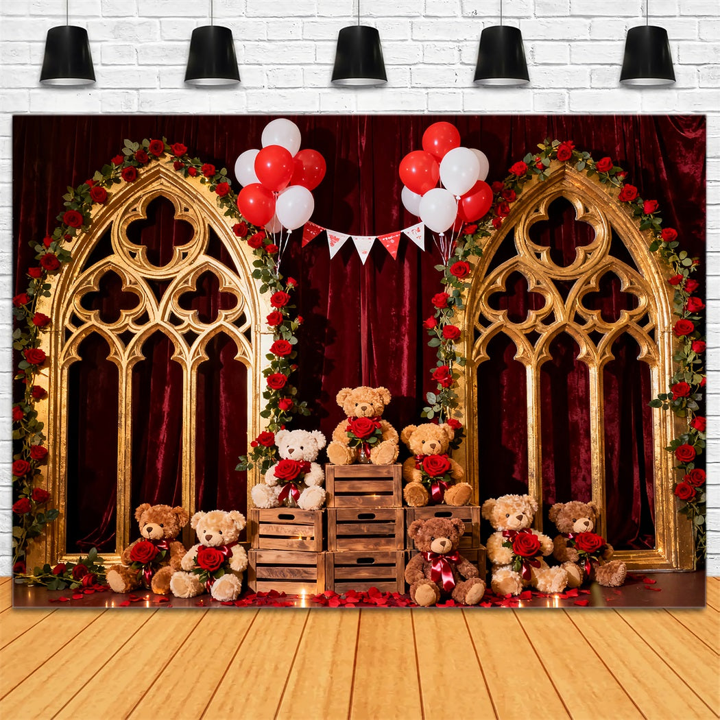 Romantic Backdrop Crimson Rose Balloon Teddy Floral Arch Valentine Backdrop LXX512-142
