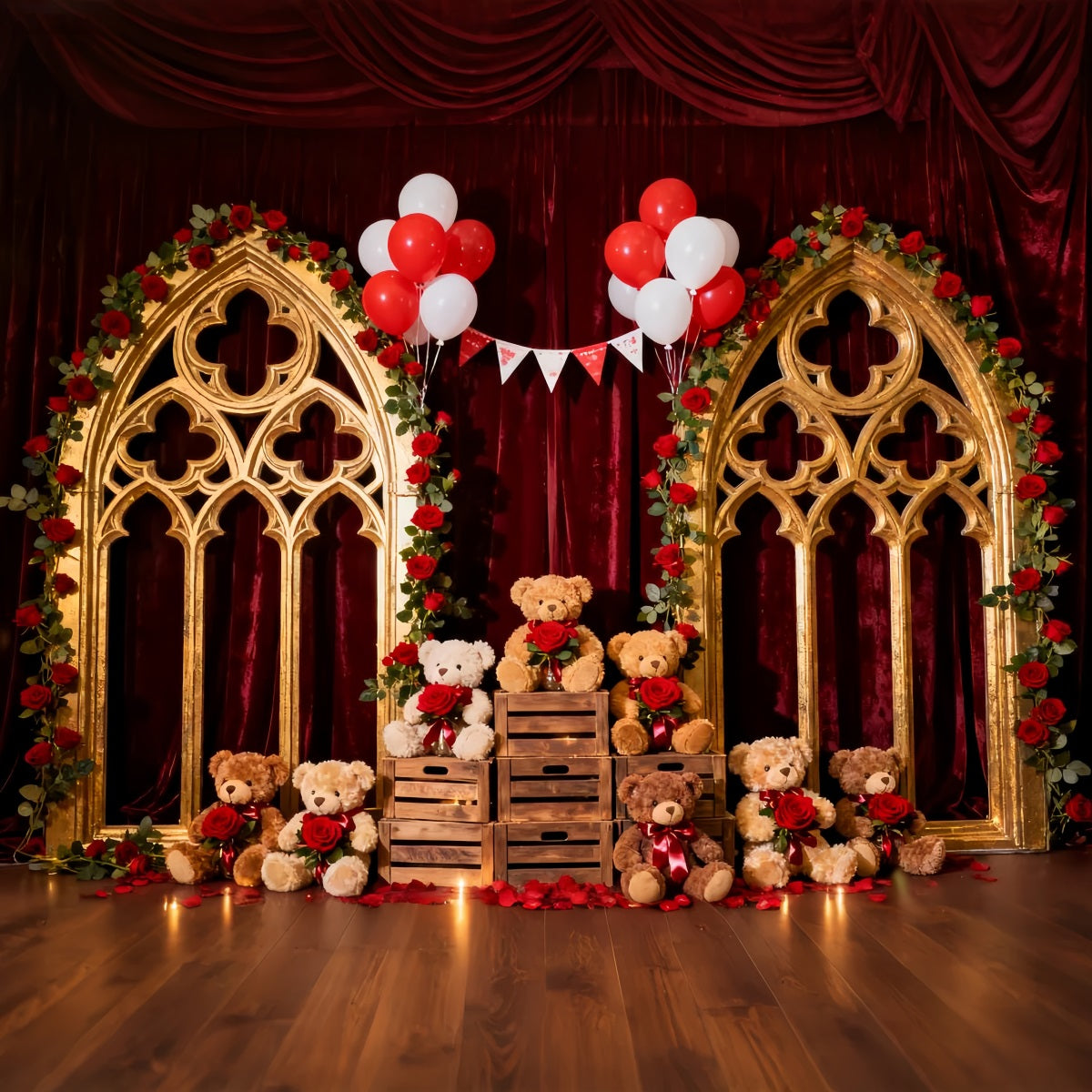 Romantic Backdrop Crimson Rose Balloon Teddy Floral Arch Valentine Backdrop LXX512-142