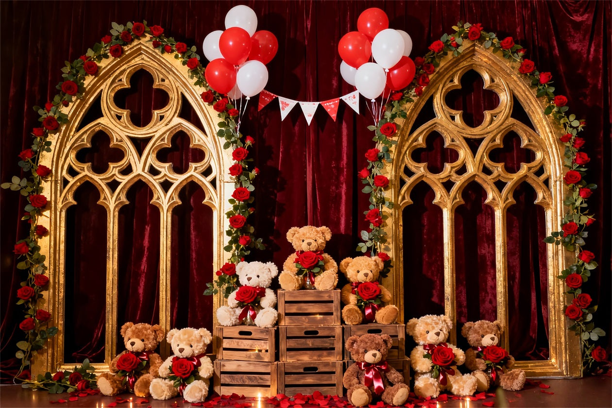 Romantic Backdrop Crimson Rose Balloon Teddy Floral Arch Valentine Backdrop LXX512-142