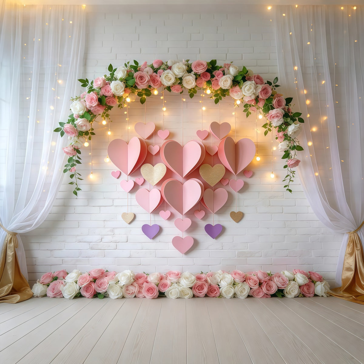 Valentine's Day Backdrop Blush Floral Arch Lights Love Backdrops LXX512-144