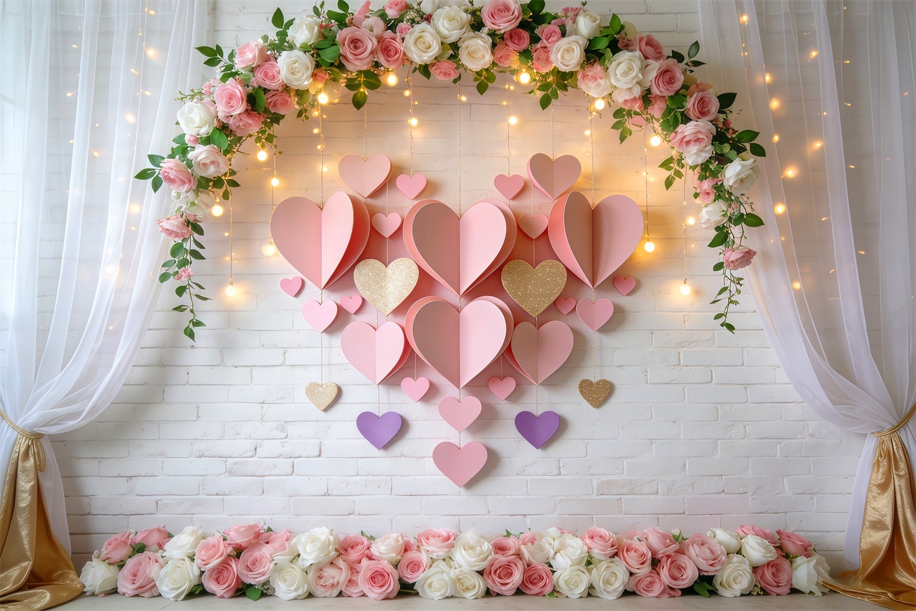 Valentine's Day Backdrop Blush Floral Arch Lights Love Backdrops LXX512-144